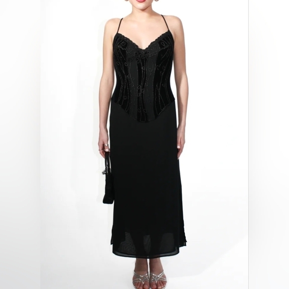Vintage Y2K Perla Black Beaded Corset Bustier Maxi Gown IT 40 US 4 Italy